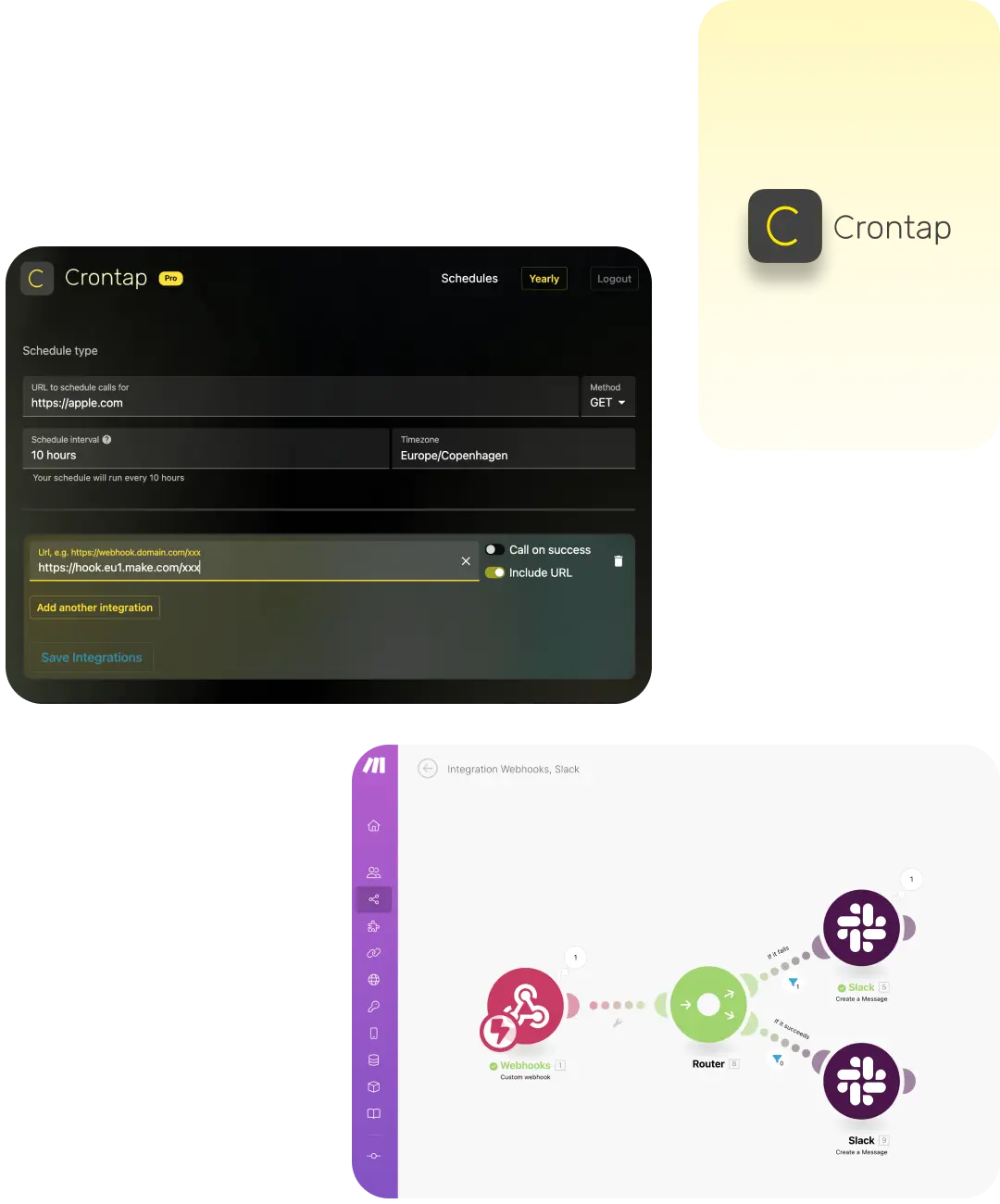 Learn how to use Crontap webhook schedules to integrate with Make.com and thousands of apps: sms, email, telegram, airtable, slack, teams, twitter or your own custom webhook e.g. a cloud function.