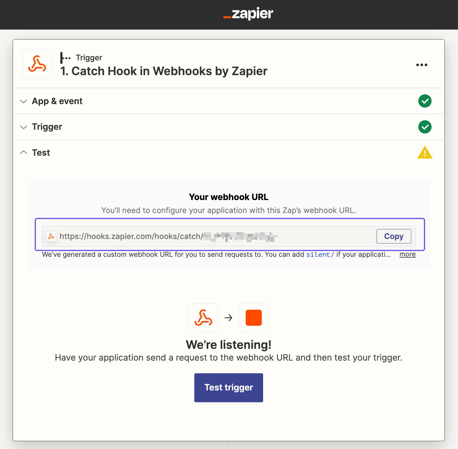 Webhook created in Zapier