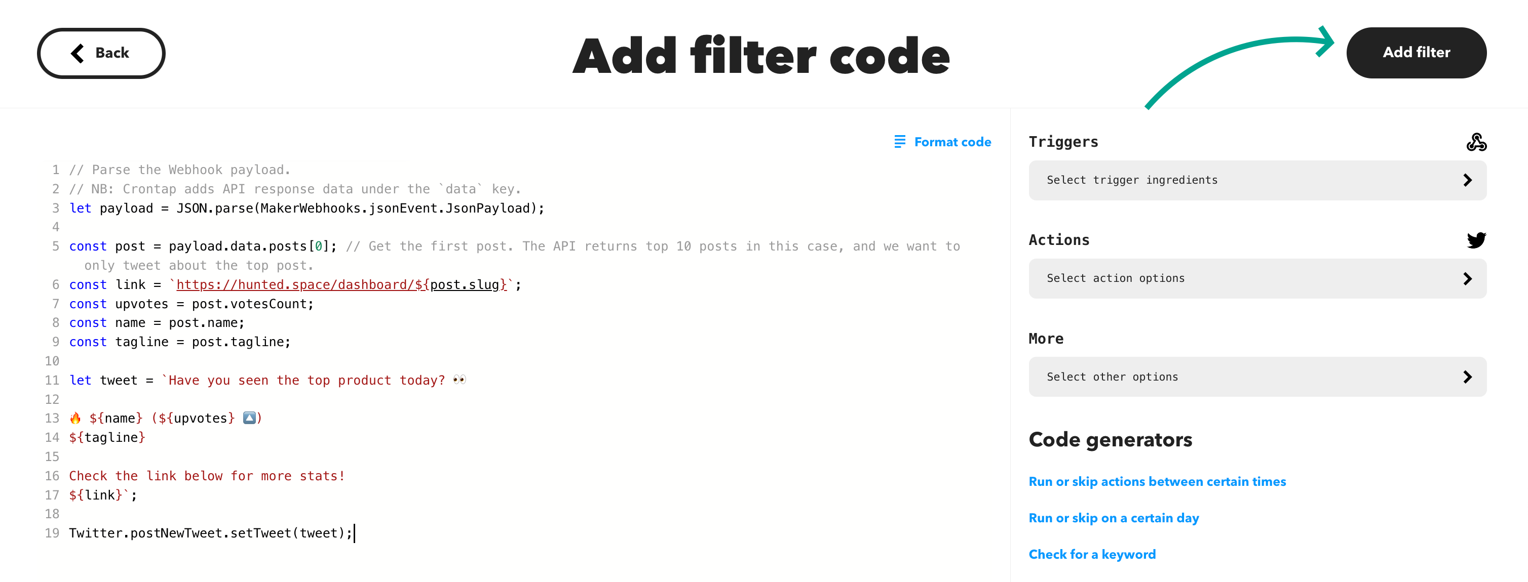 IFTTT add filter code